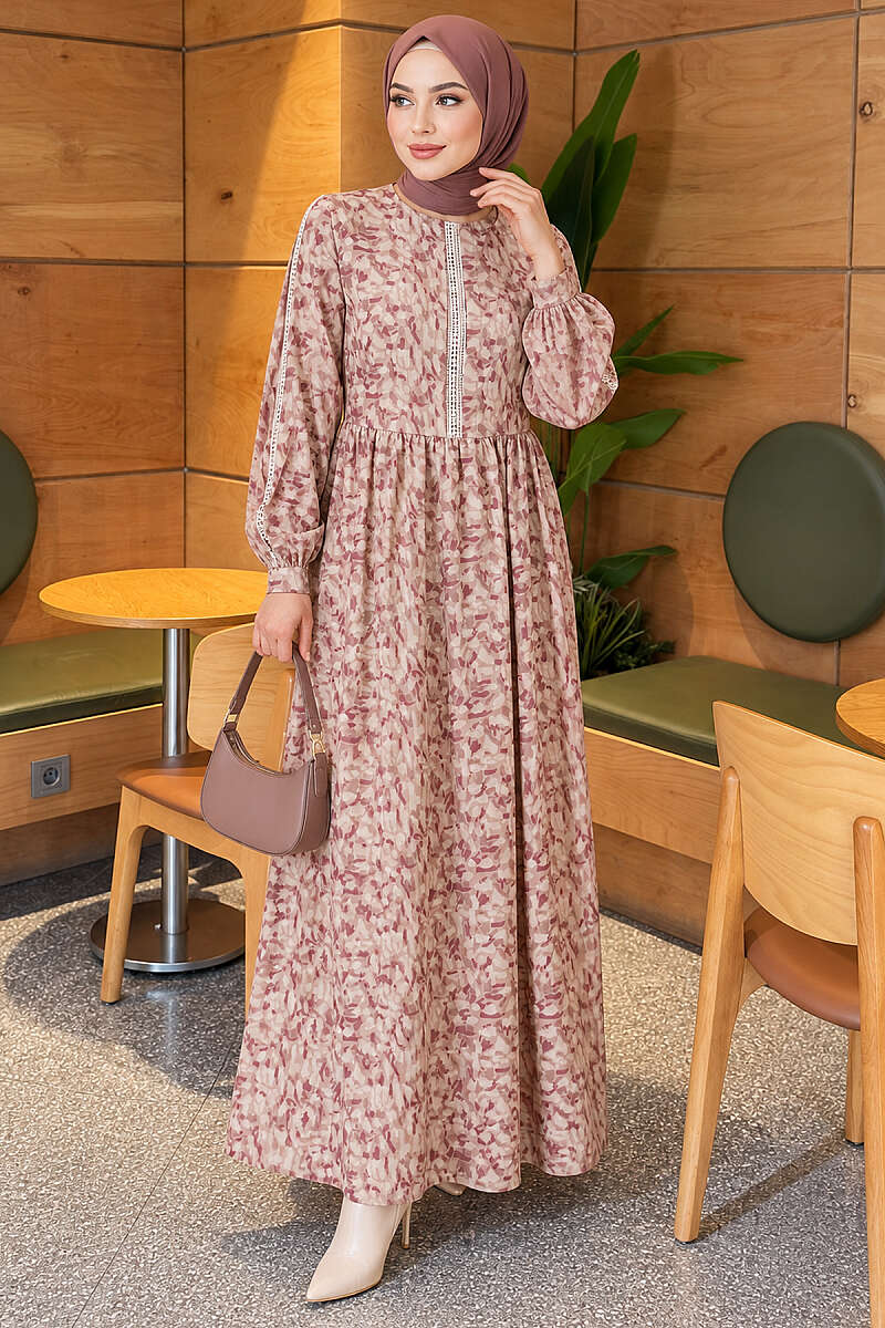 Lace-Trim Dress with Buttoned Cuffs - Beige