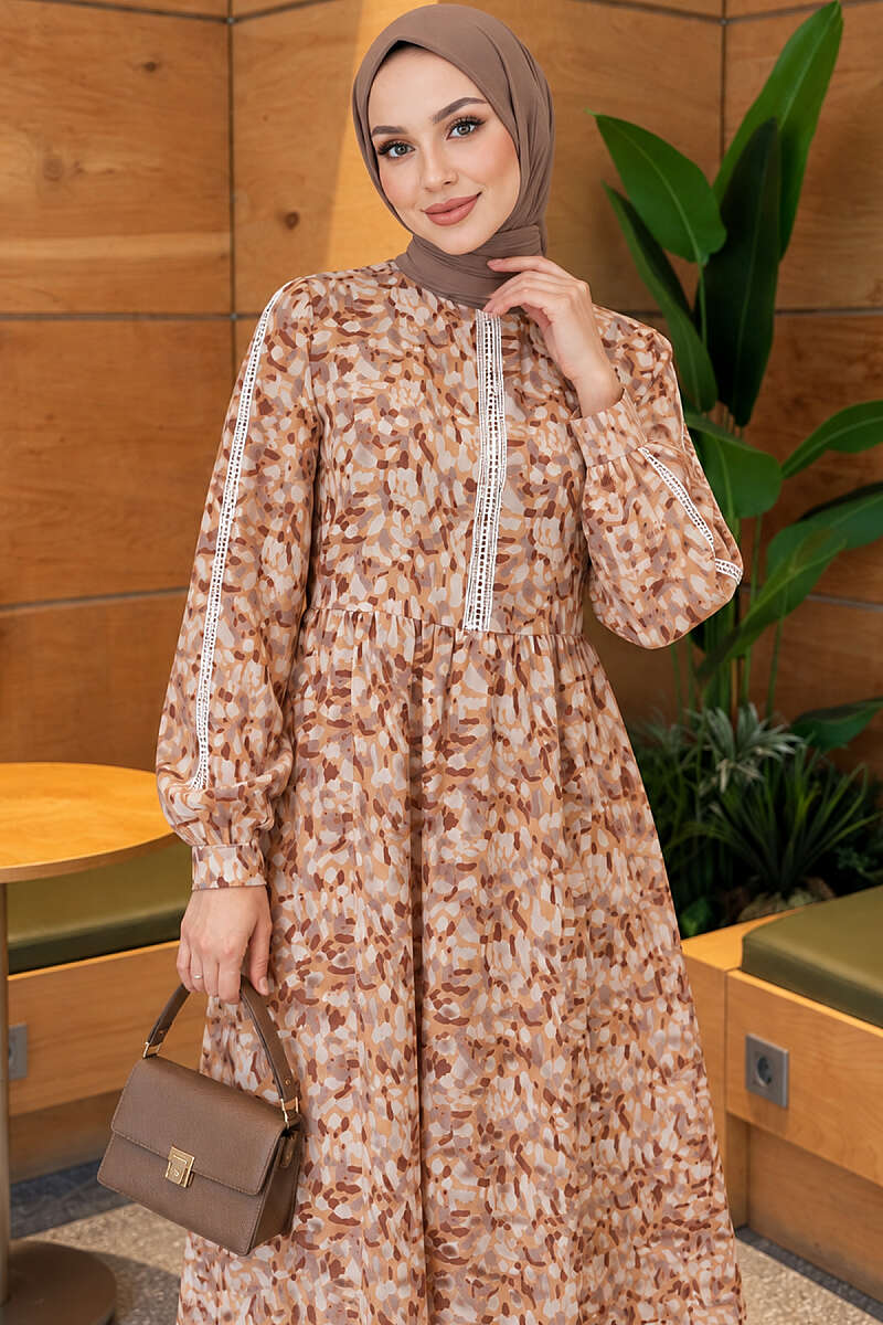 Lace-Trim Dress with Buttoned Cuffs - Mustard