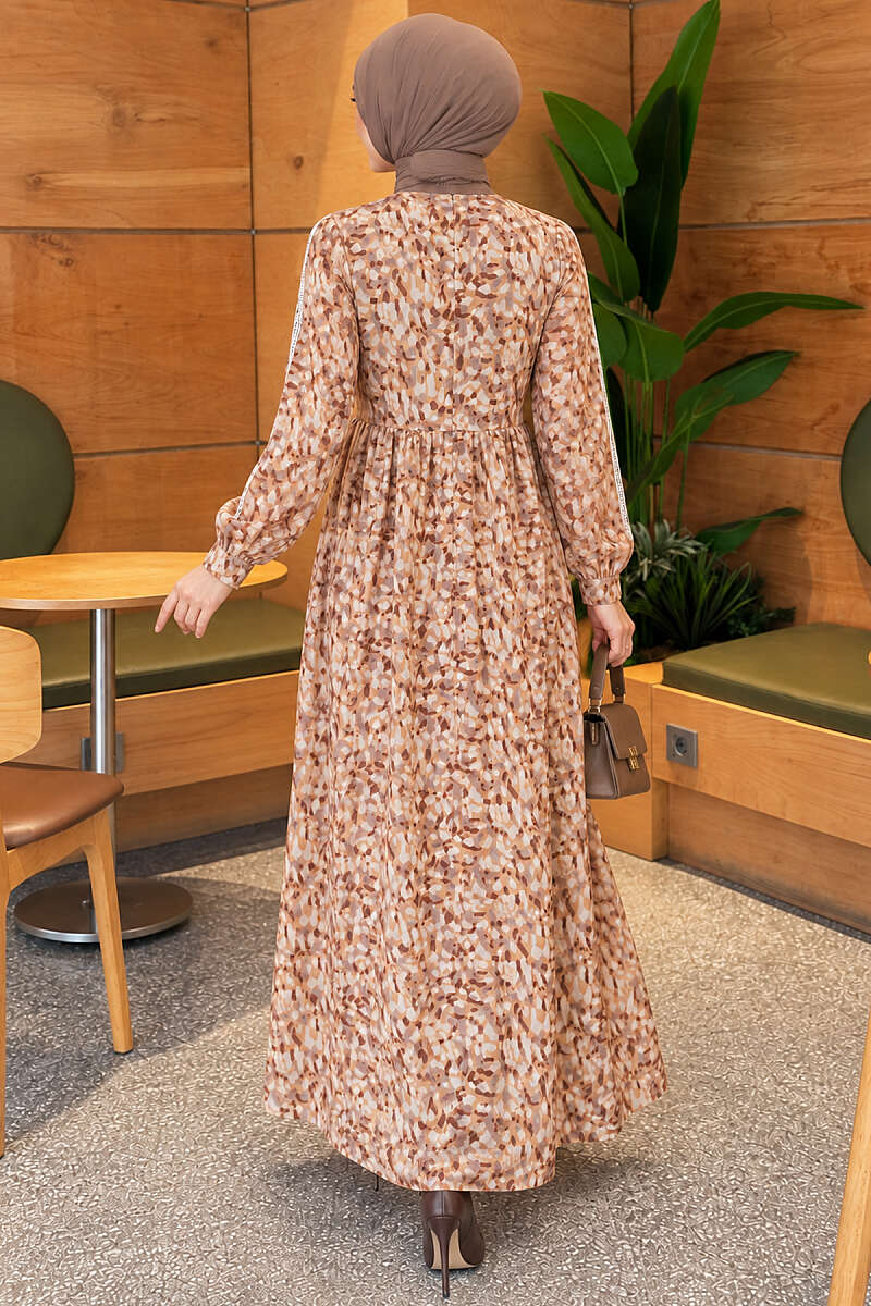 Lace-Trim Dress with Buttoned Cuffs - Mustard