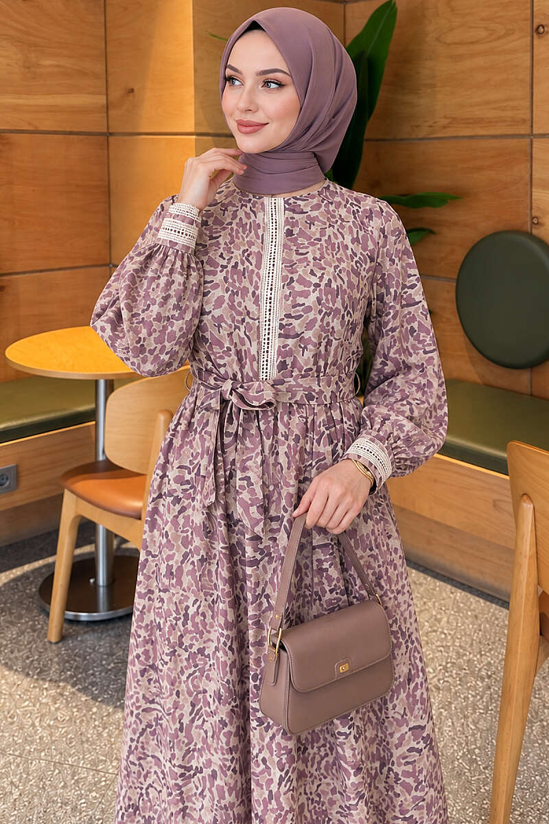 Lace-Trim Dress with Buttoned Cuffs - Lilac