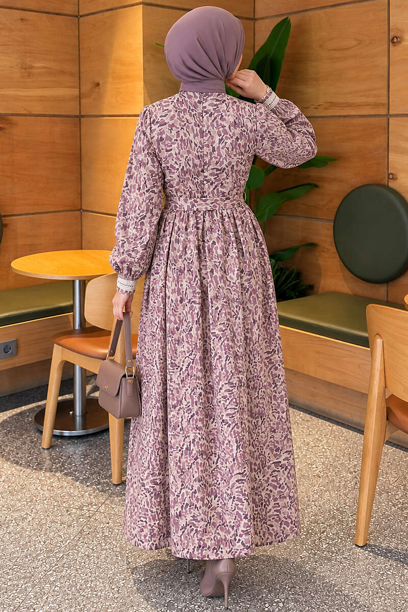 Lace-Trim Dress with Buttoned Cuffs - Lilac