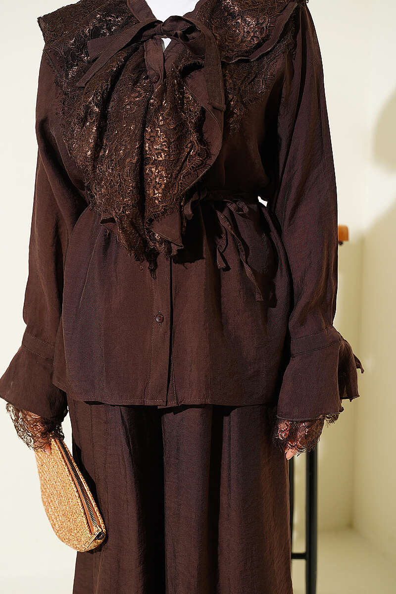 Loose Two-Piece Set with Lace Trim - Brown