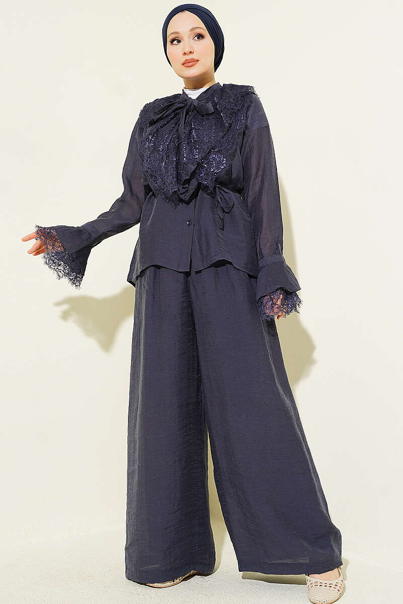 Loose Two-Piece Set with Lace Trim - Navy