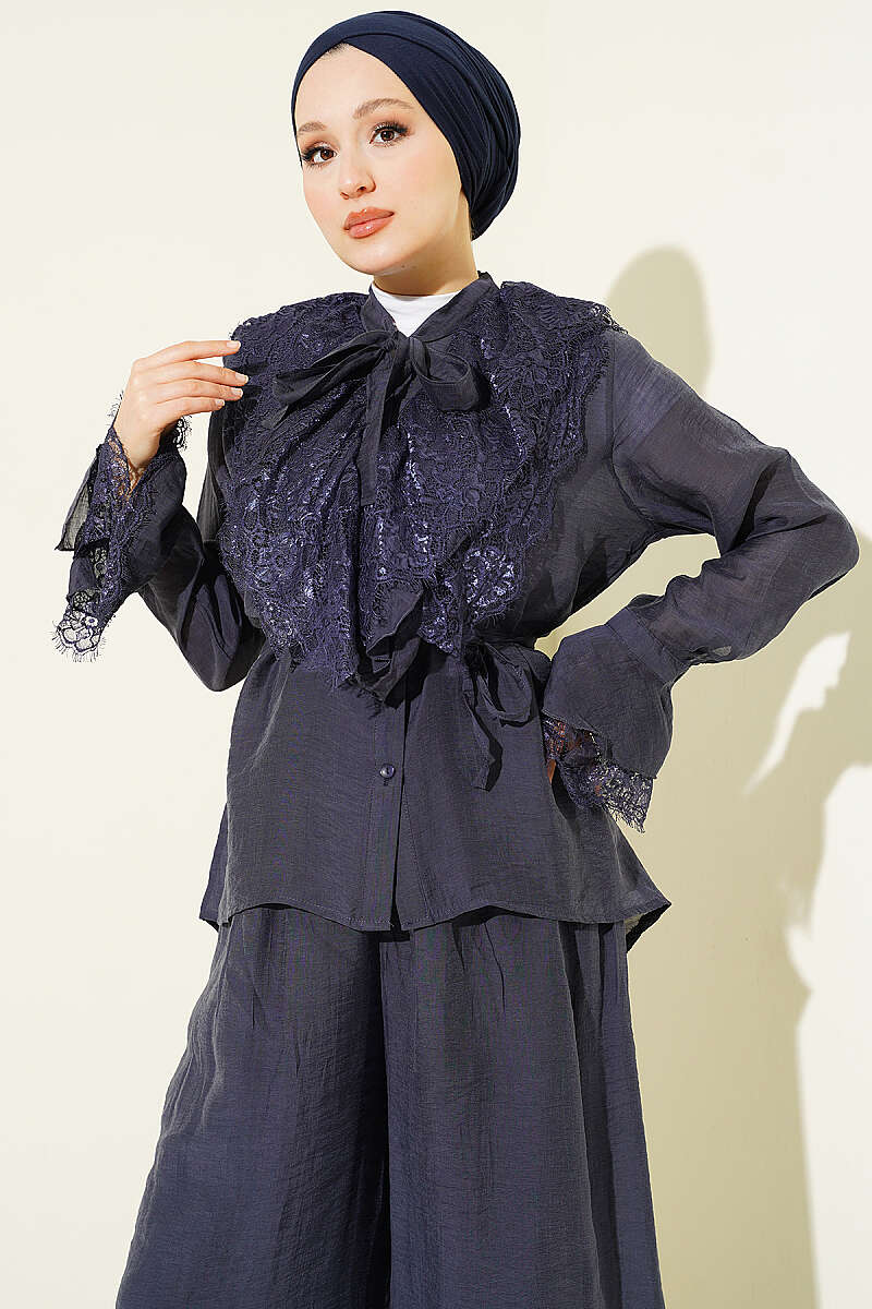 Loose Two-Piece Set with Lace Trim - Navy
