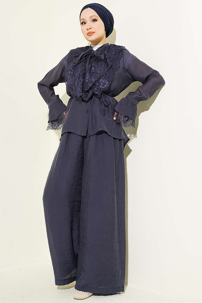 Loose Two-Piece Set with Lace Trim - Navy
