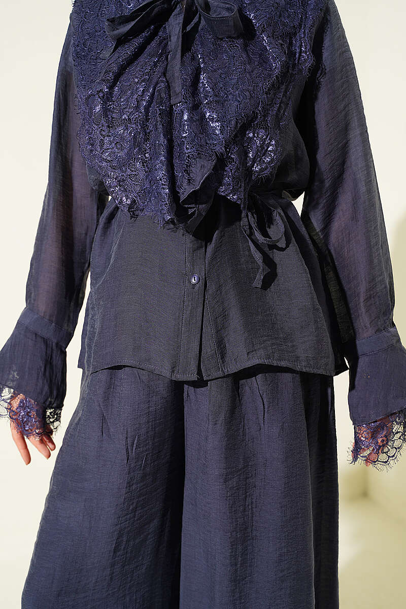 Loose Two-Piece Set with Lace Trim - Navy