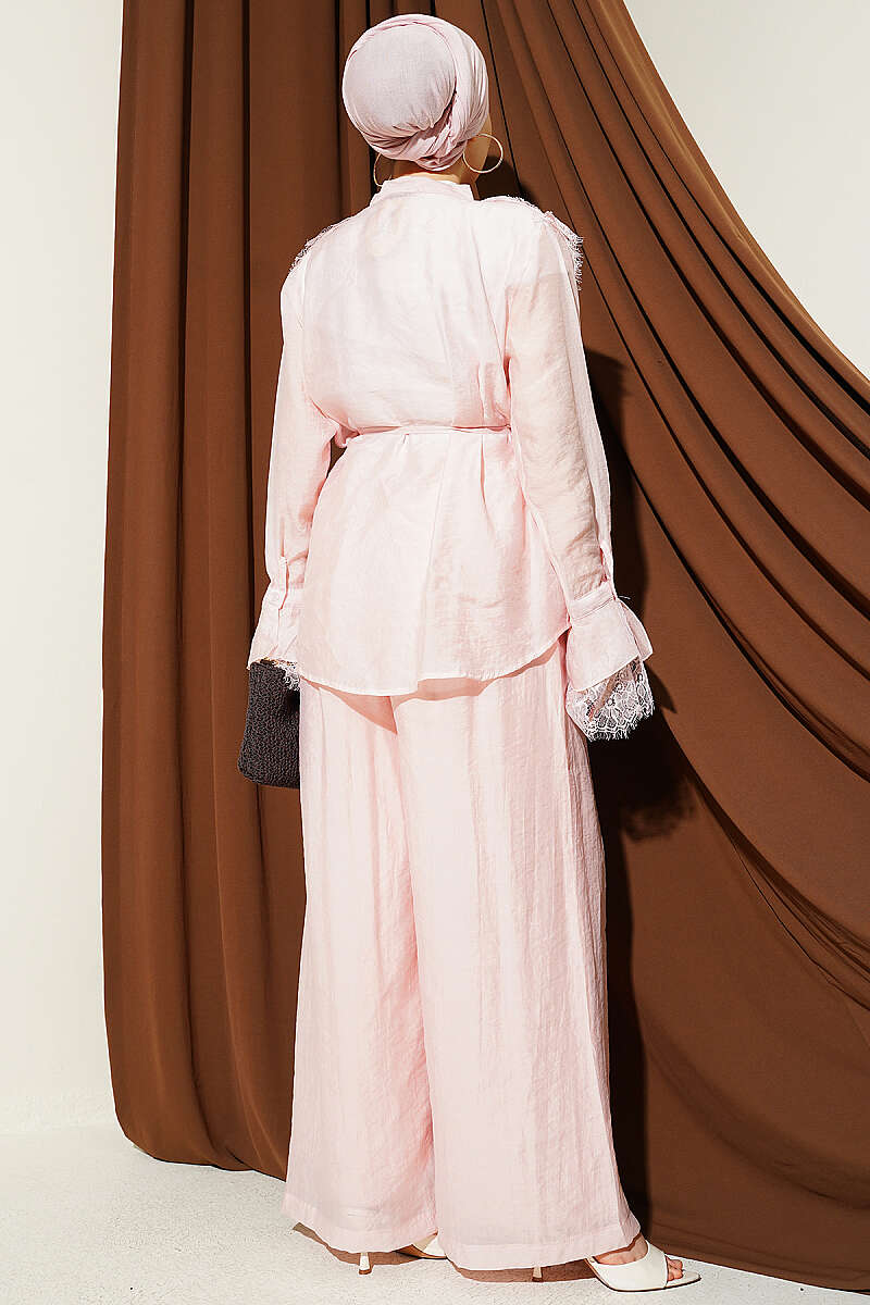 Loose Two-Piece Set with Lace Trim - Pink