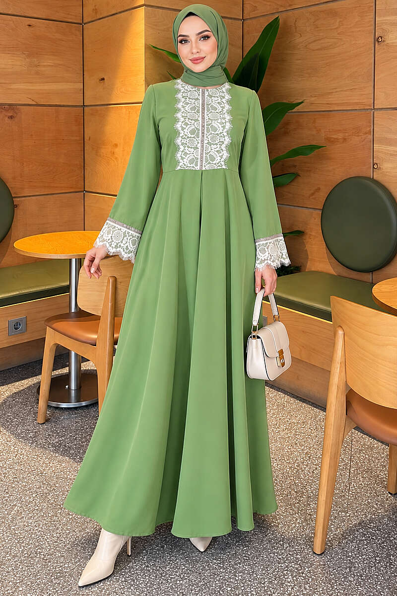 Lace Dress with Stone Detail - Pistachio