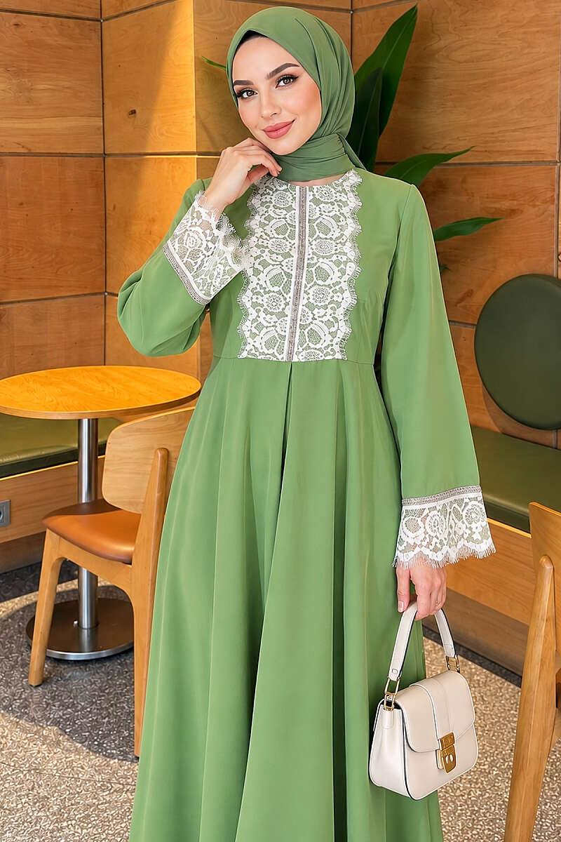 Lace Dress with Stone Detail - Pistachio