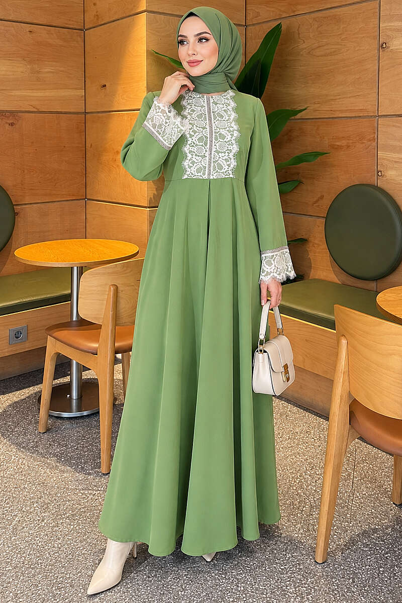 Lace Dress with Stone Detail - Pistachio