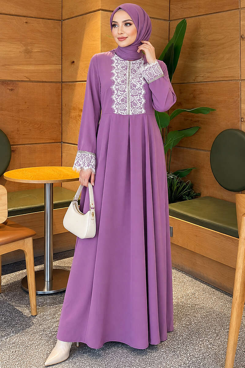Lace Dress with Stone Detail - Purple