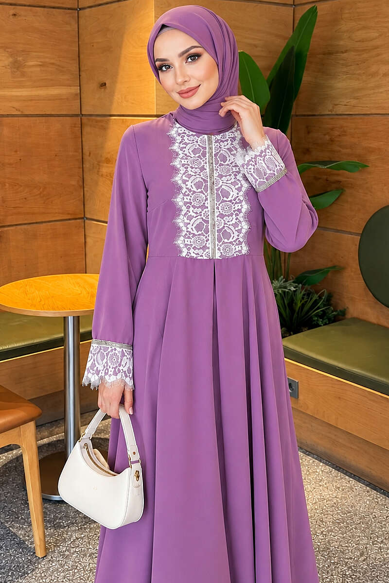 Lace Dress with Stone Detail - Purple