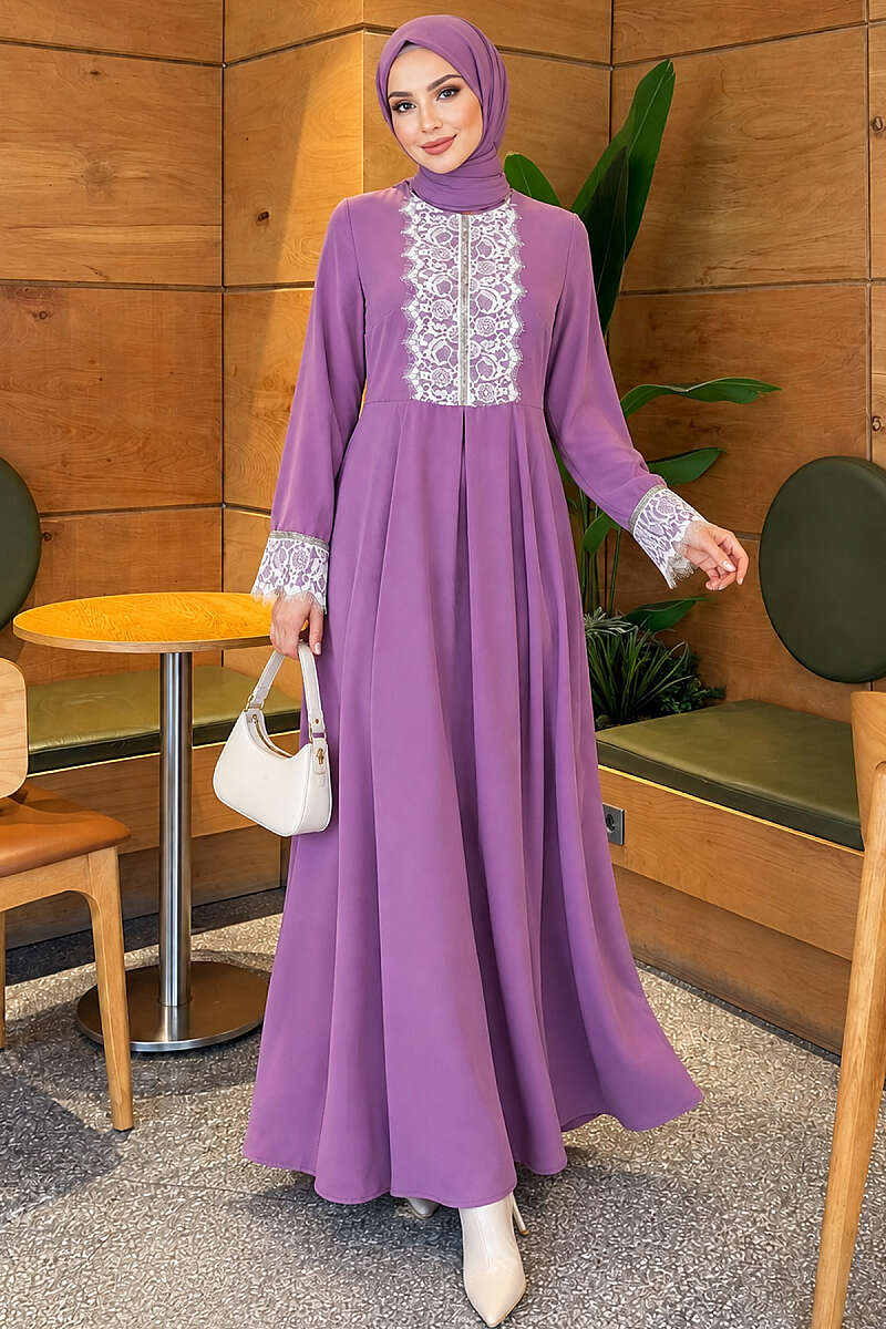 Lace Dress with Stone Detail - Purple