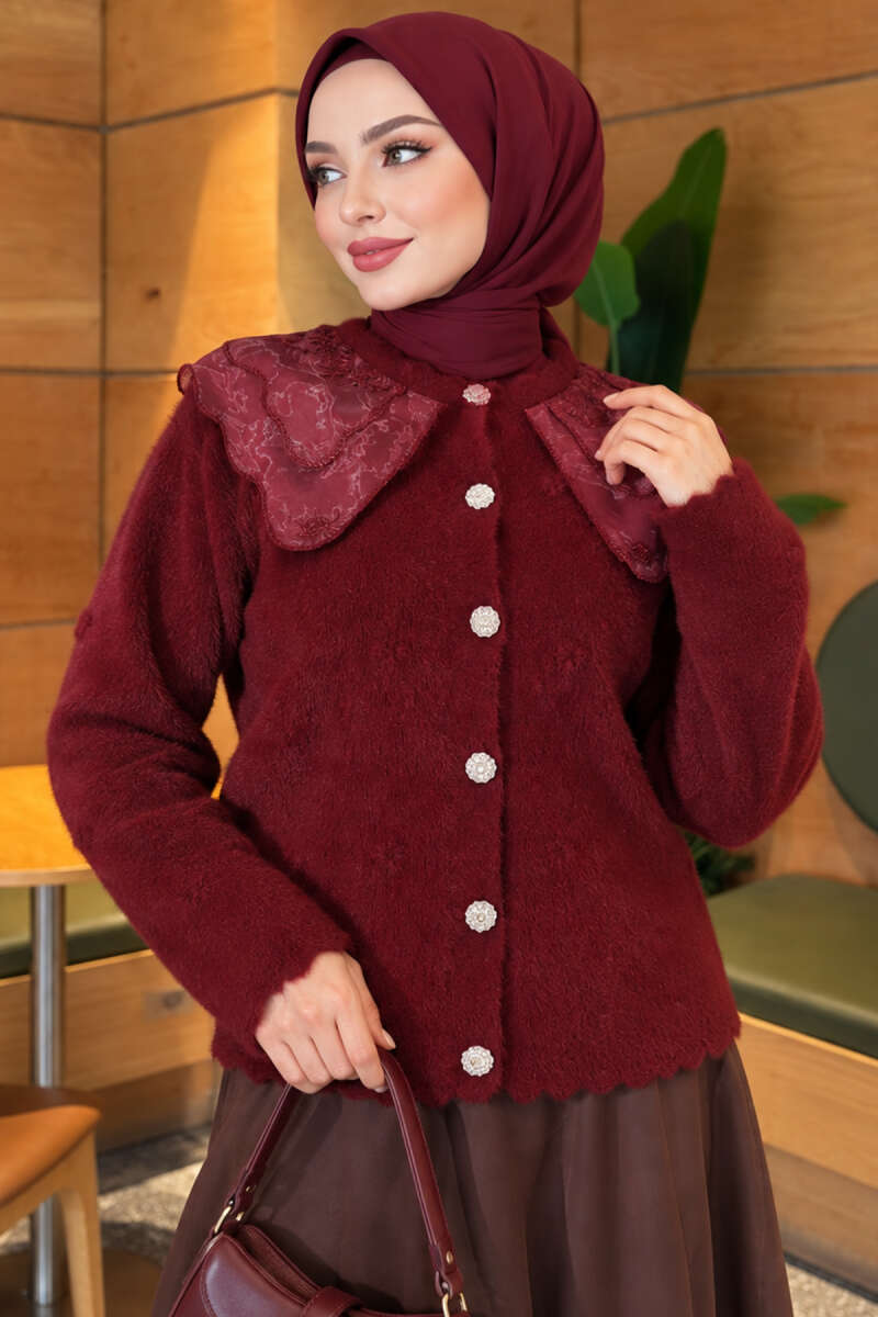 Brushed Cardigan with Lace Collar - Burgundy
