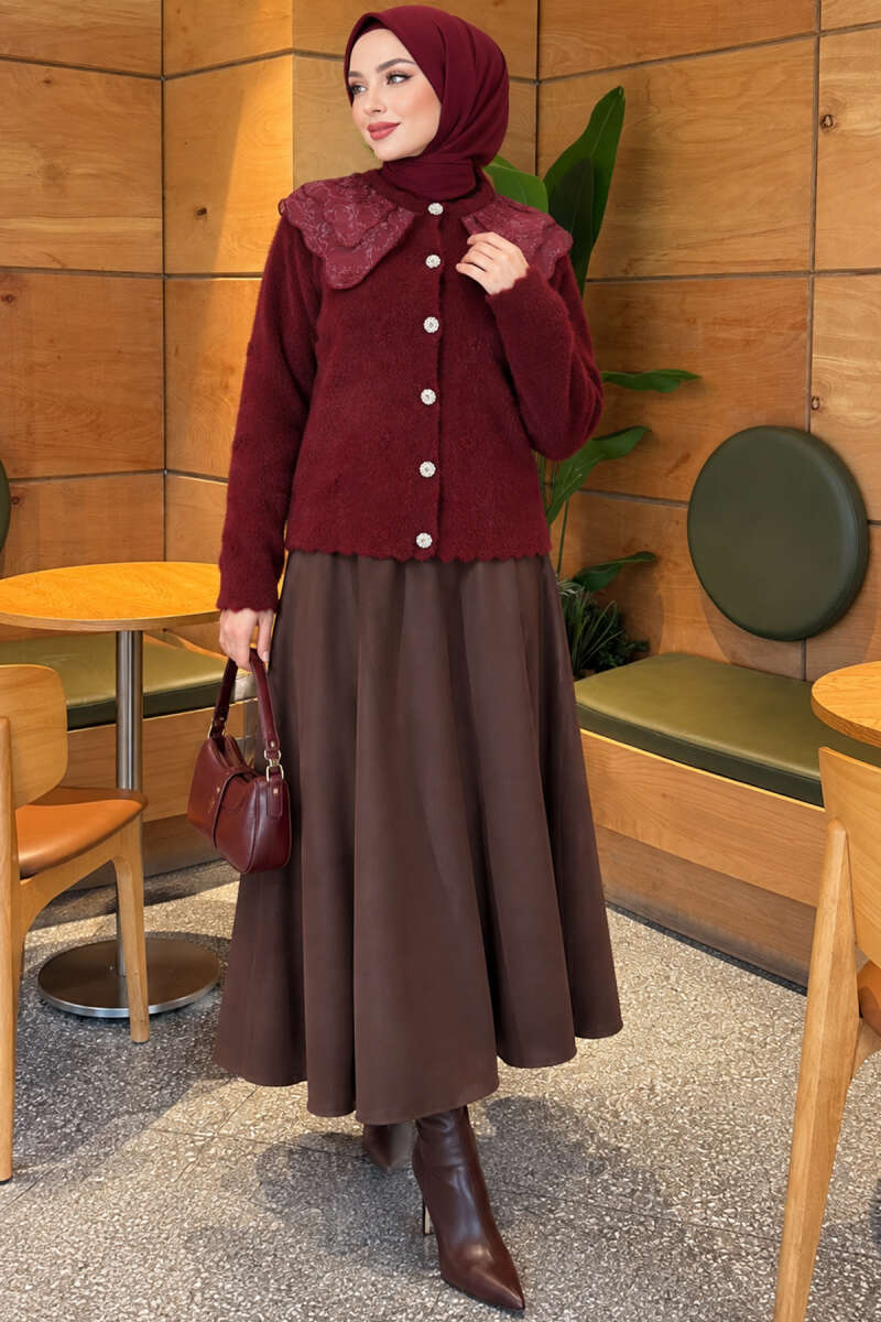 Brushed Cardigan with Lace Collar - Burgundy