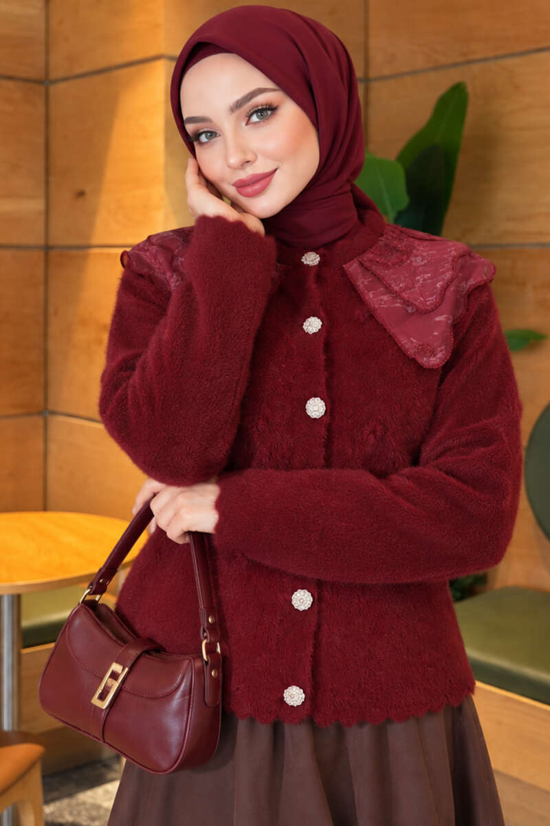 Brushed Cardigan with Lace Collar - Burgundy