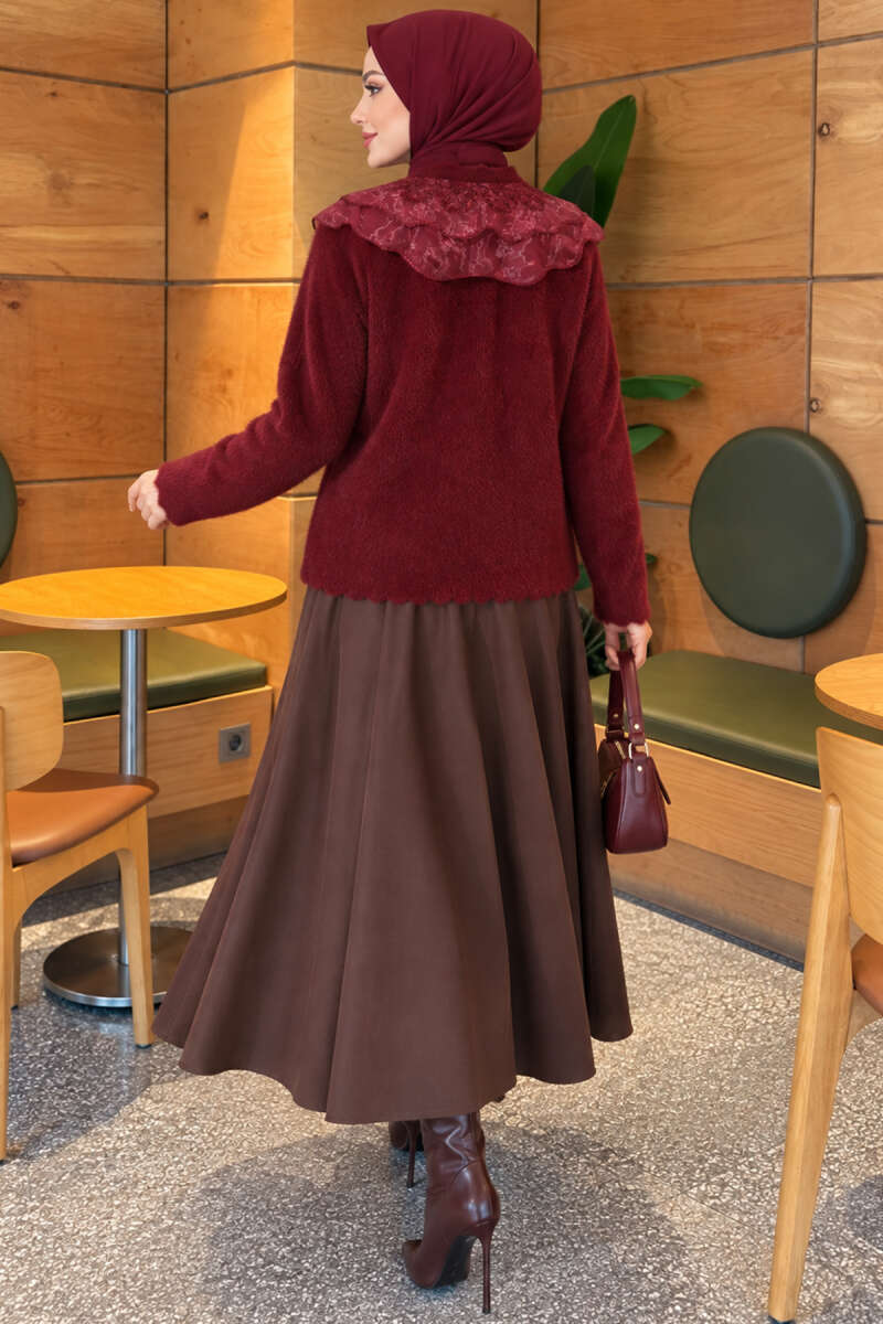 Brushed Cardigan with Lace Collar - Burgundy
