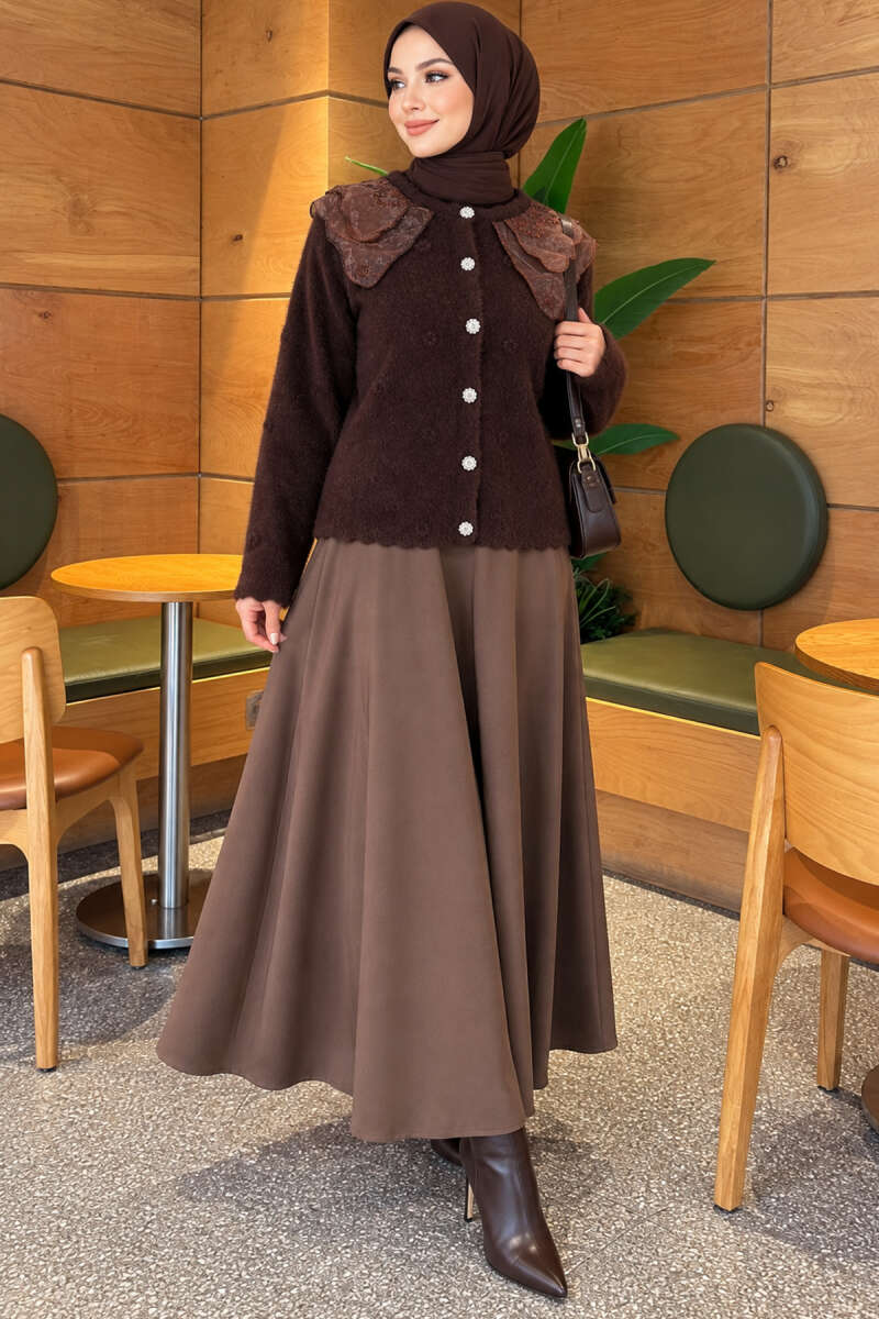 Brushed Cardigan with Lace Collar - Brown