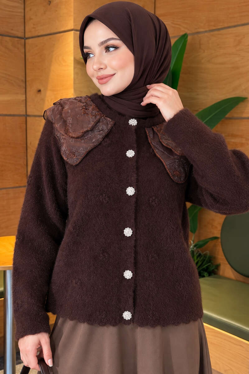 Brushed Cardigan with Lace Collar - Brown