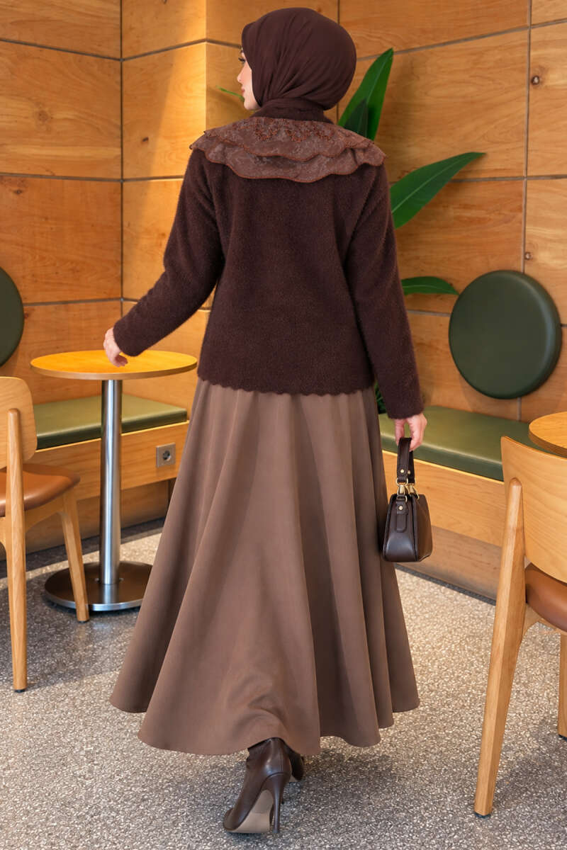 Brushed Cardigan with Lace Collar - Brown