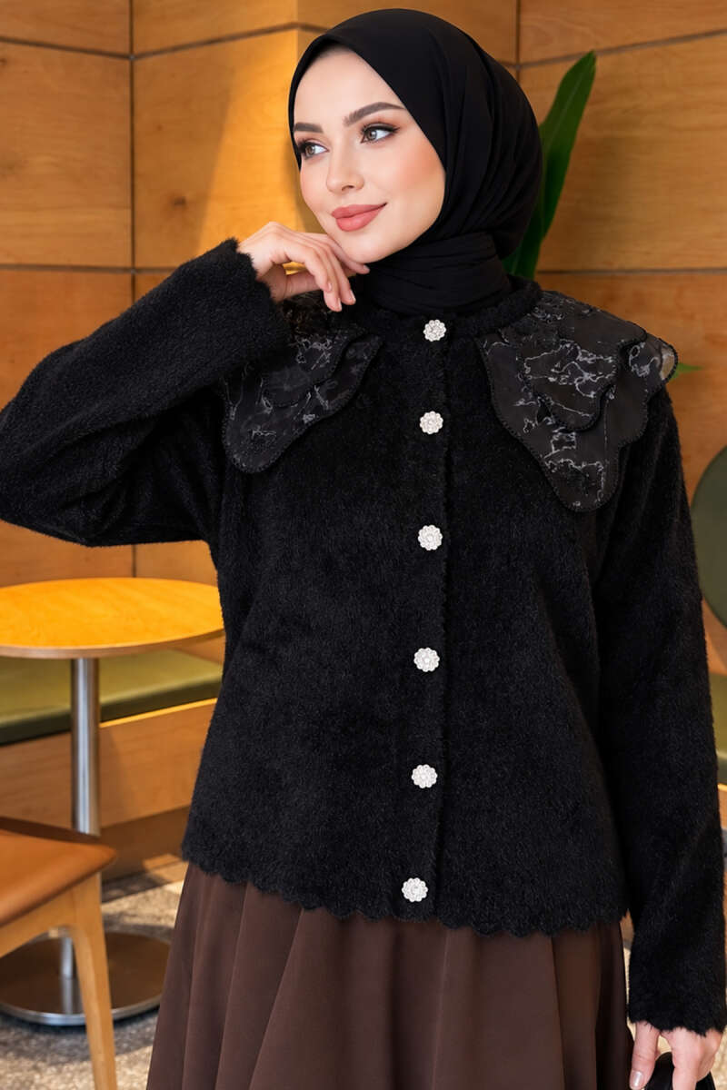 Brushed Cardigan with Lace Collar - Black