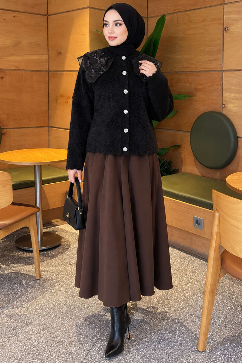 Brushed Cardigan with Lace Collar - Black