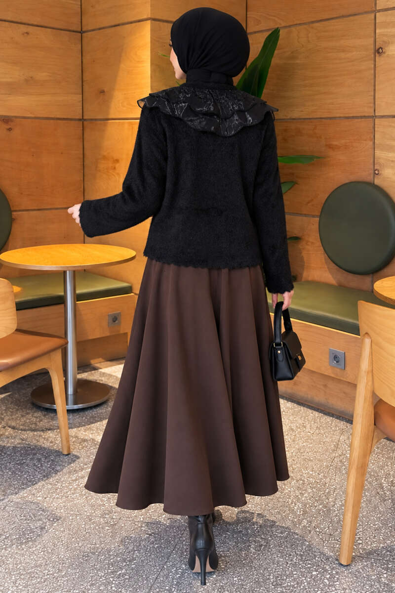 Brushed Cardigan with Lace Collar - Black