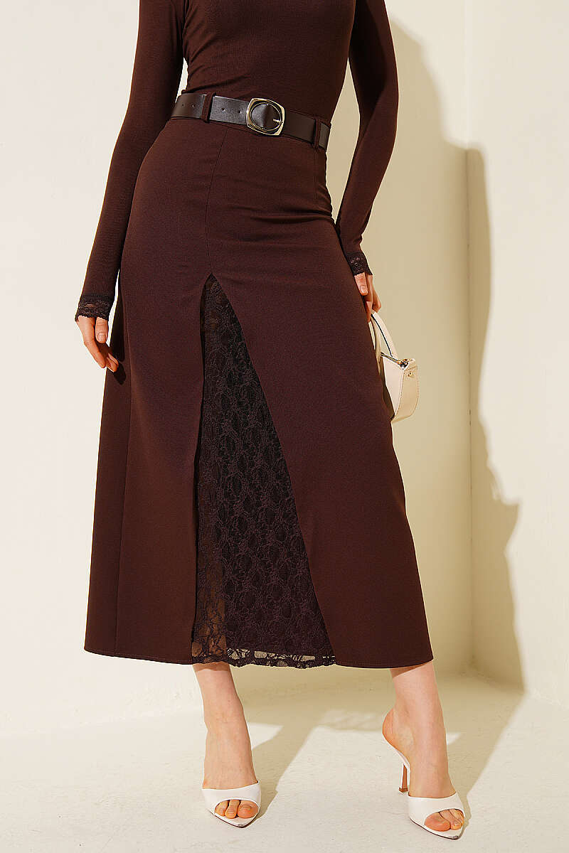 Belted Midi Skirt with Lace Slit - Brown