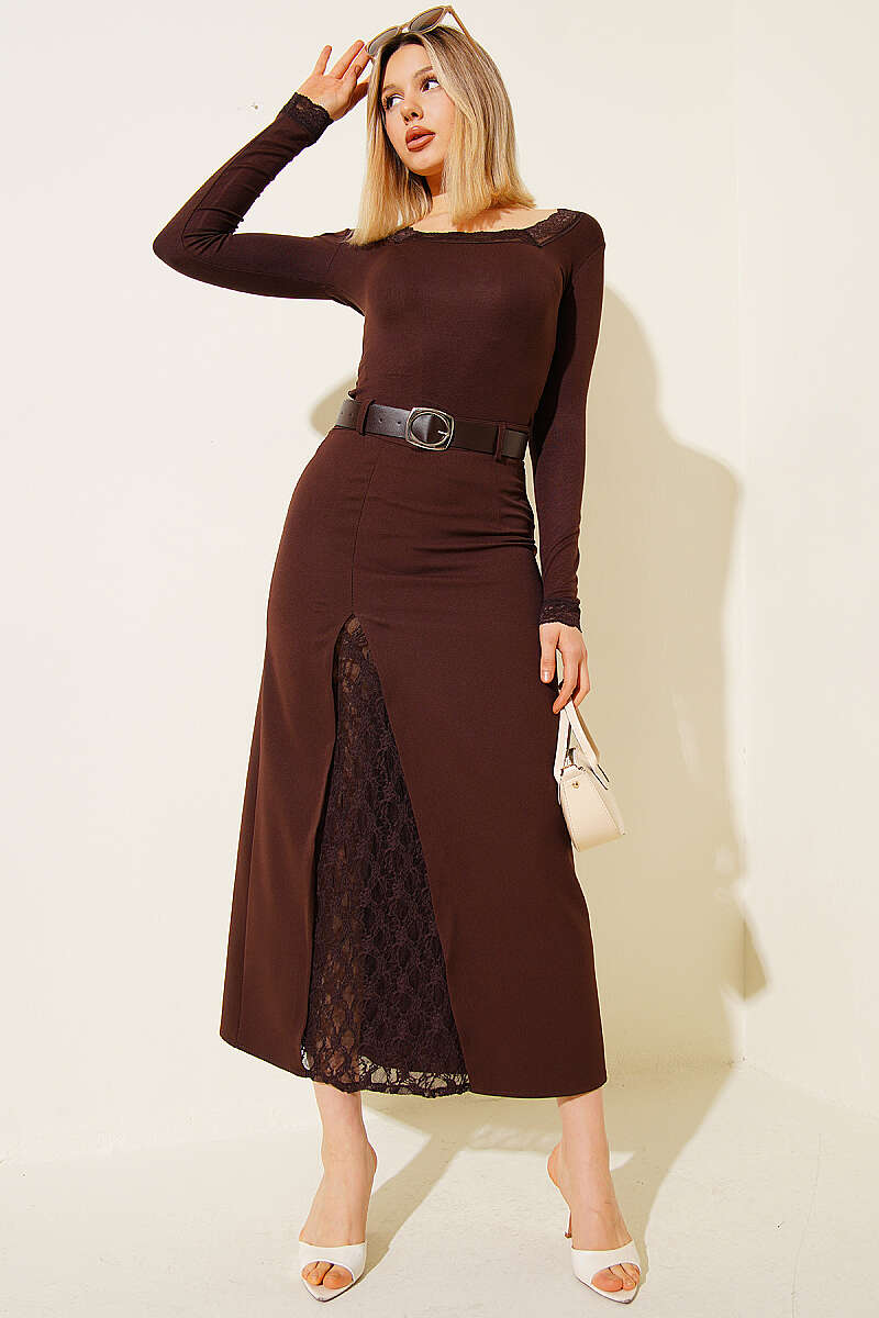 Belted Midi Skirt with Lace Slit - Brown