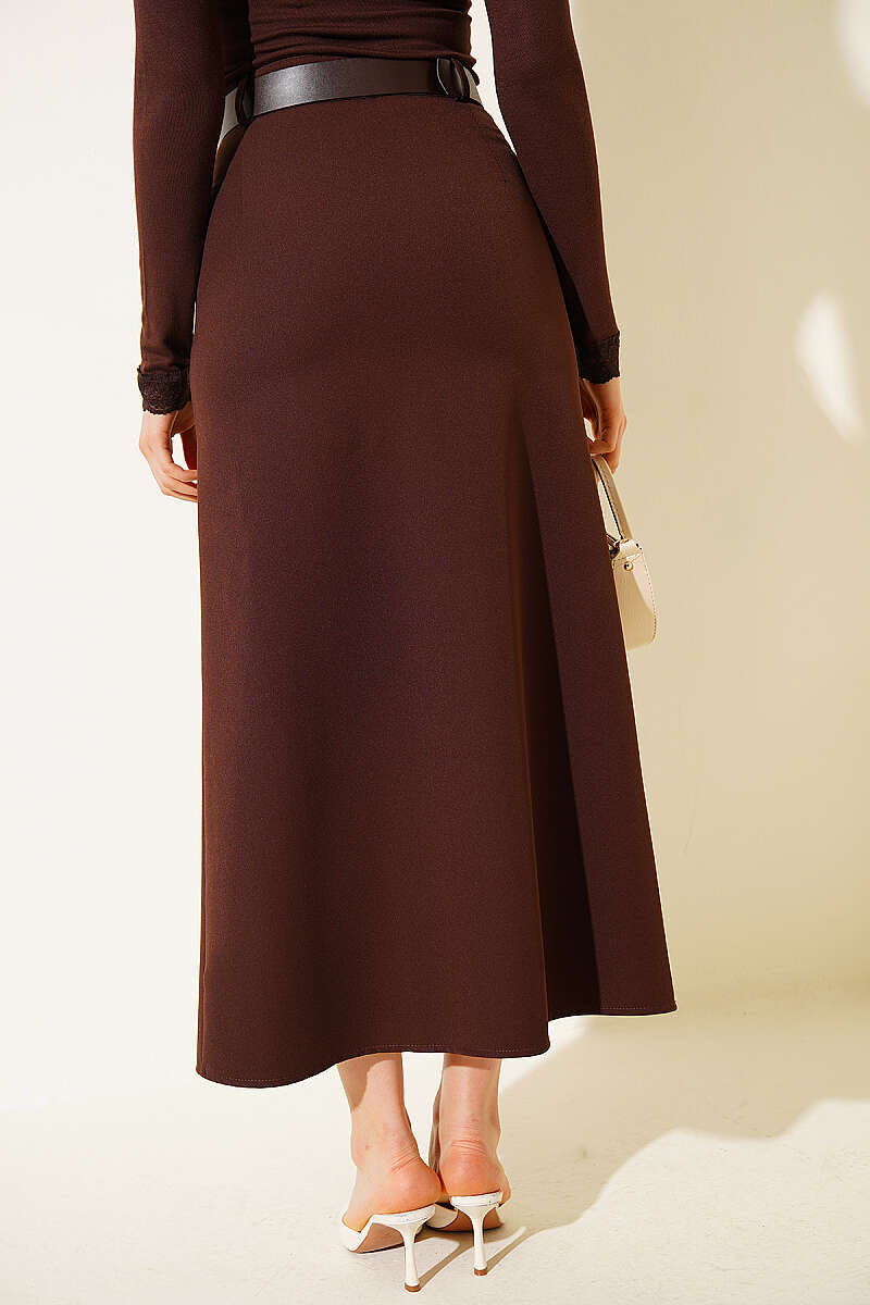 Belted Midi Skirt with Lace Slit - Brown