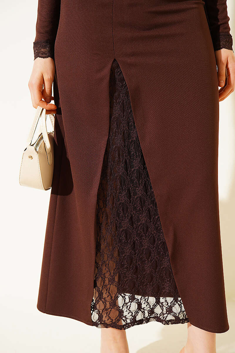Belted Midi Skirt with Lace Slit - Brown