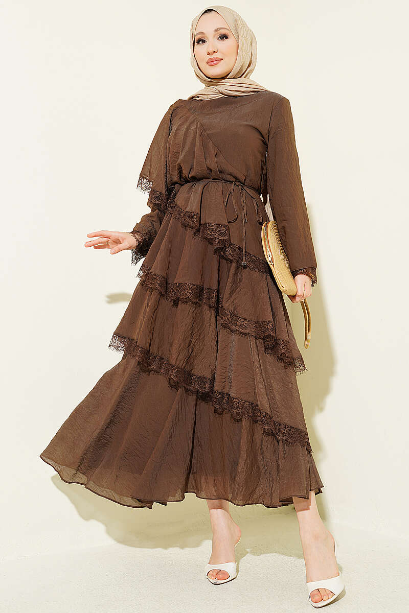 Asymmetric Tiered Lace Dress - Brown