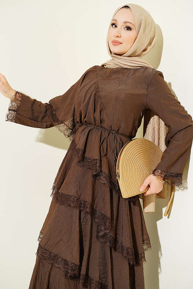 Asymmetric Tiered Lace Dress - Brown