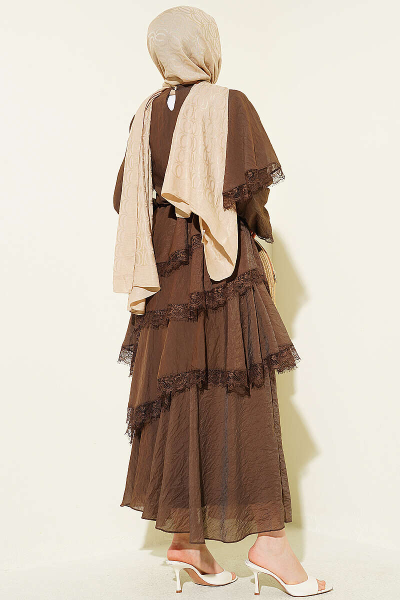 Asymmetric Tiered Lace Dress - Brown