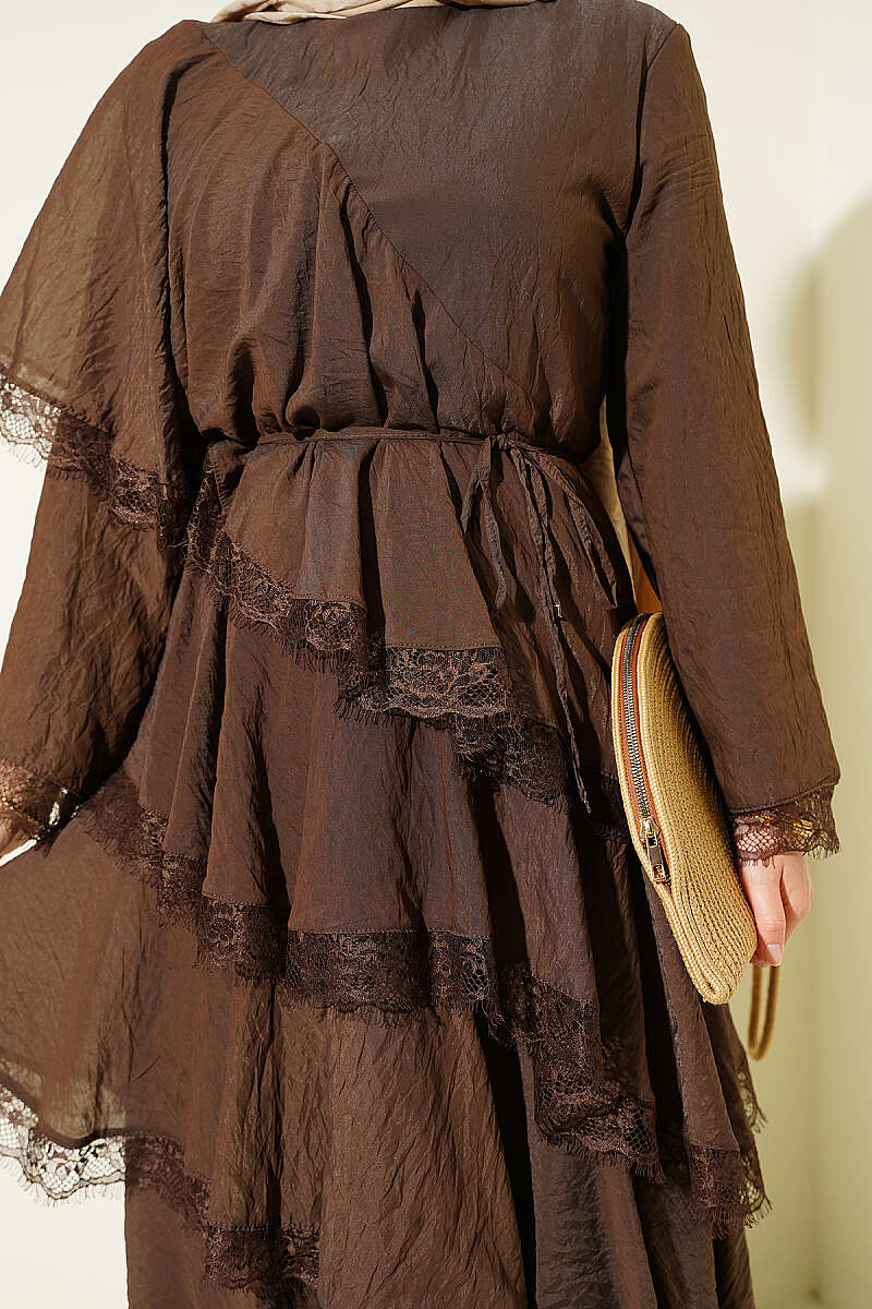 Asymmetric Tiered Lace Dress - Brown