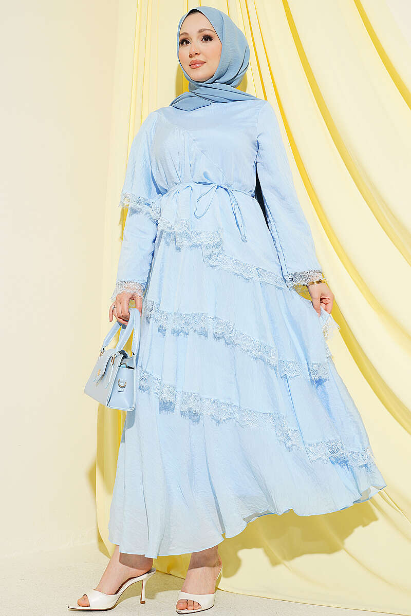 Asymmetric Tiered Lace Dress - Blue