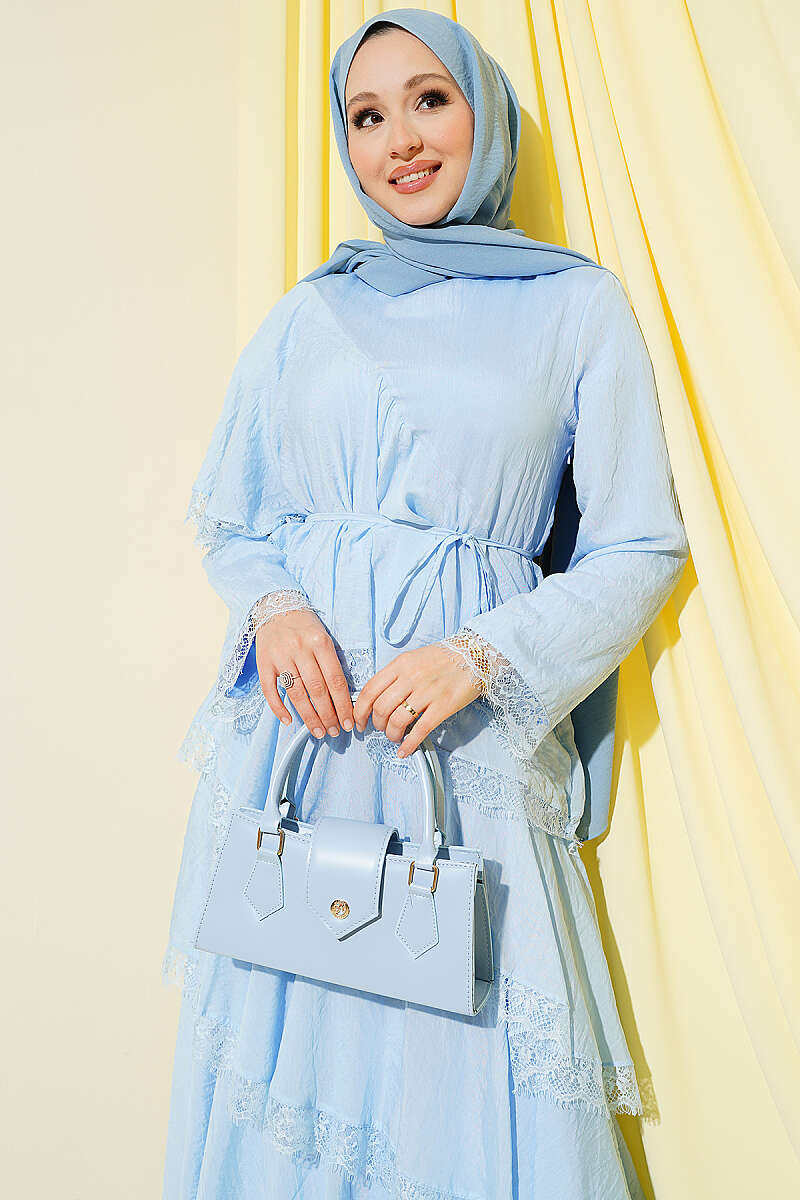 Asymmetric Tiered Lace Dress - Blue