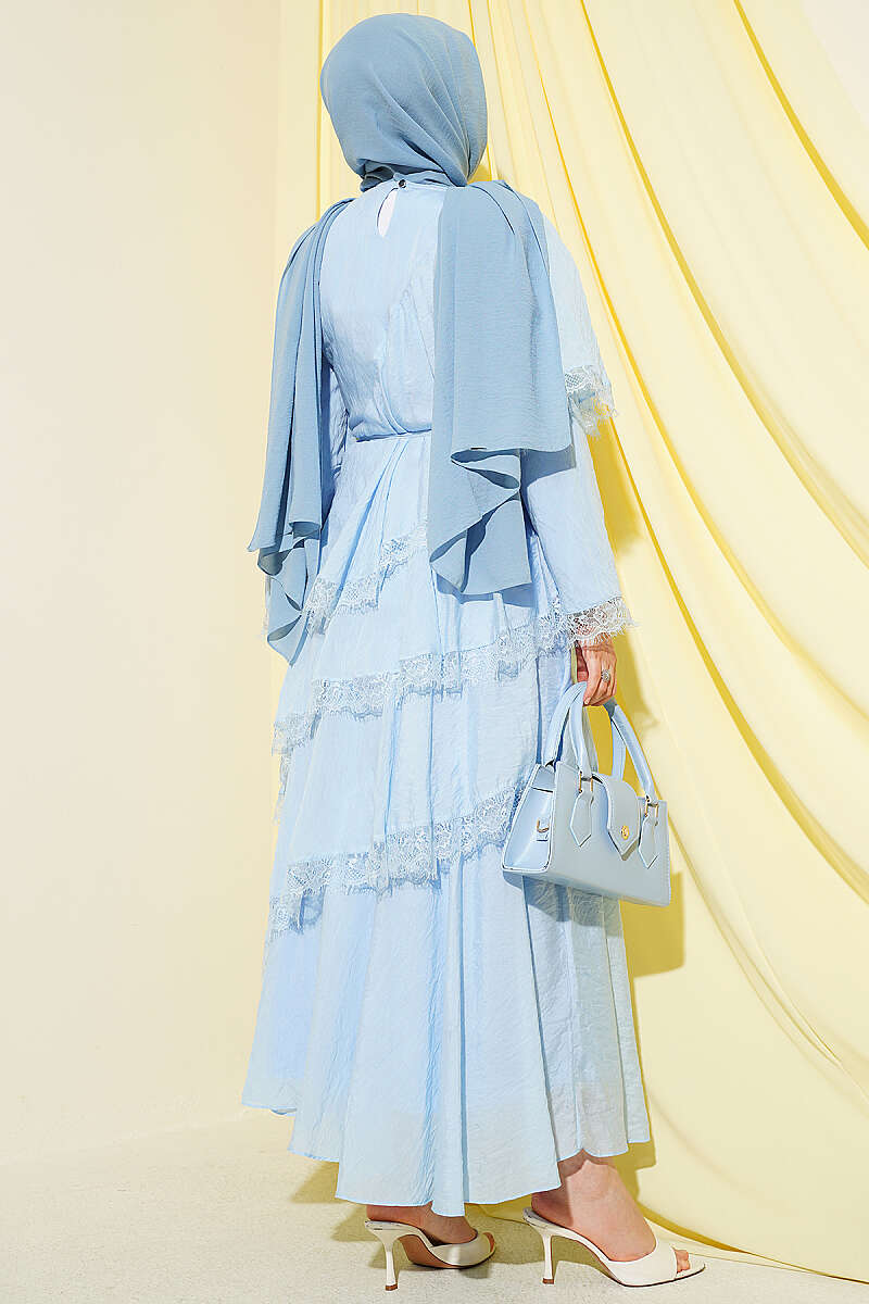 Asymmetric Tiered Lace Dress - Blue