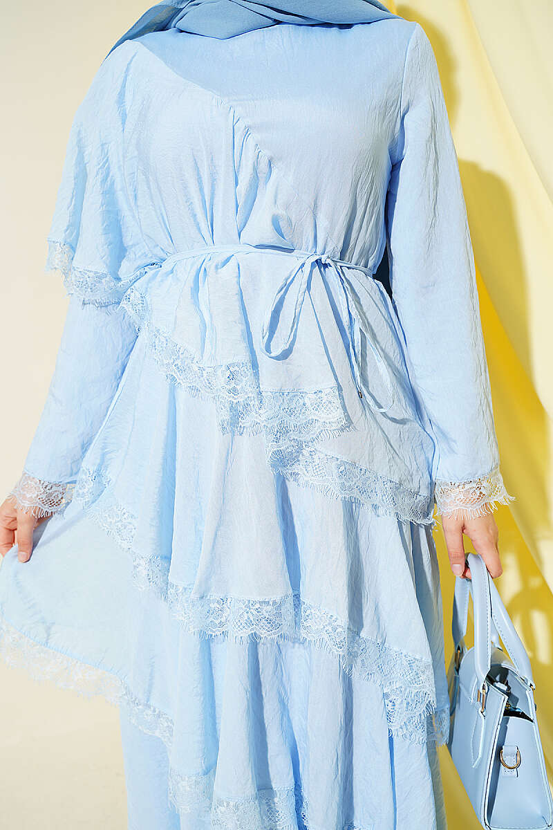 Asymmetric Tiered Lace Dress - Blue