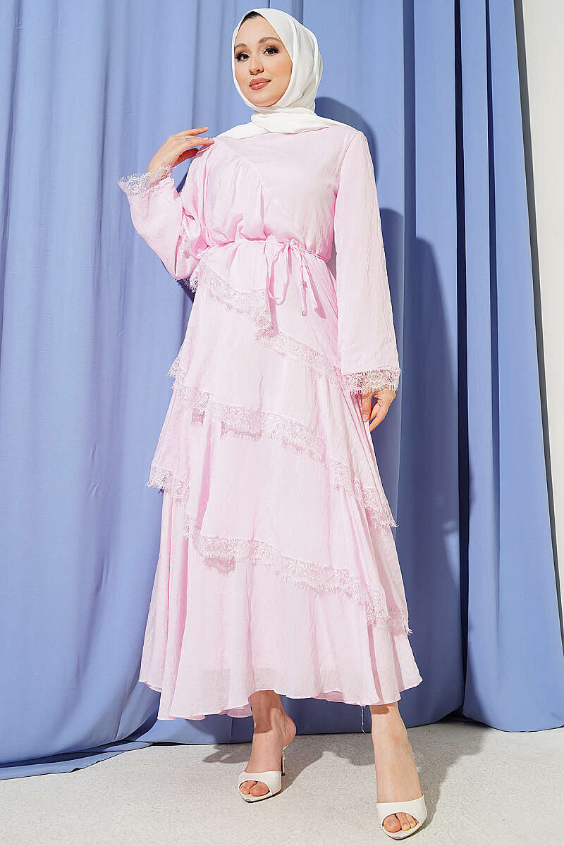 Asymmetric Tiered Lace Dress - Pink