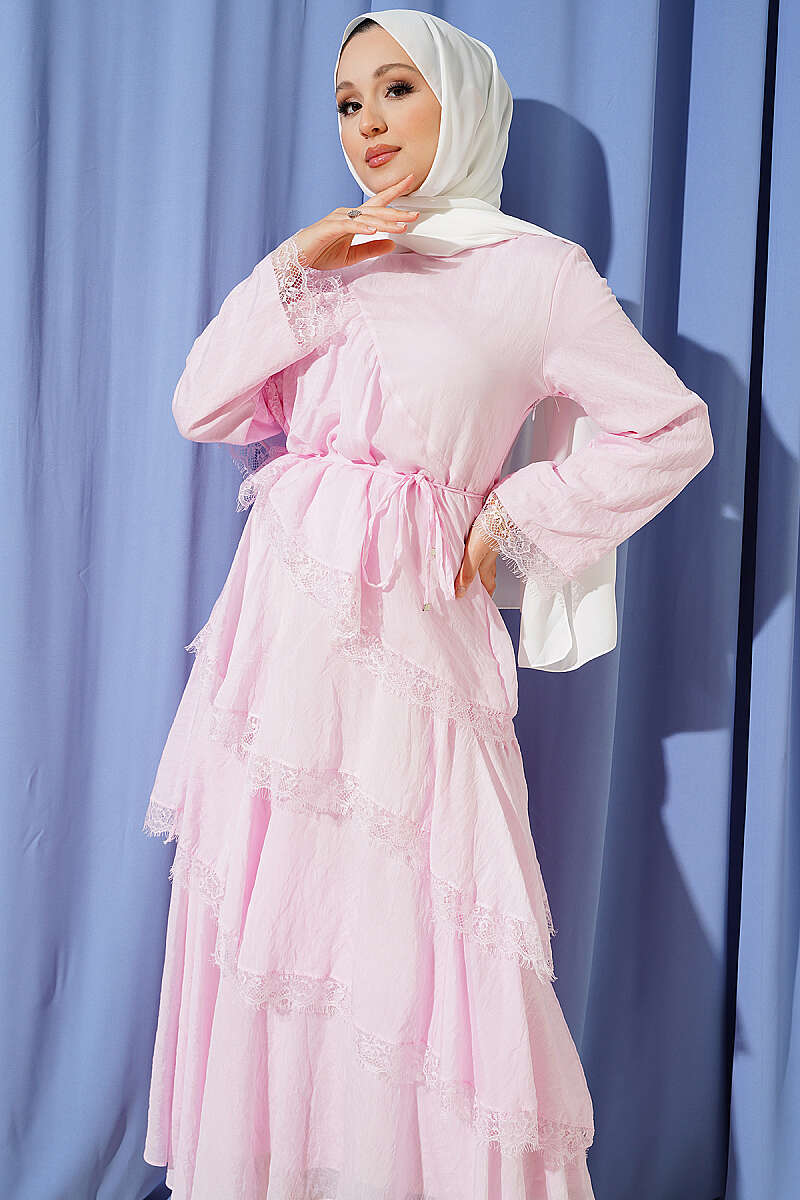 Asymmetric Tiered Lace Dress - Pink