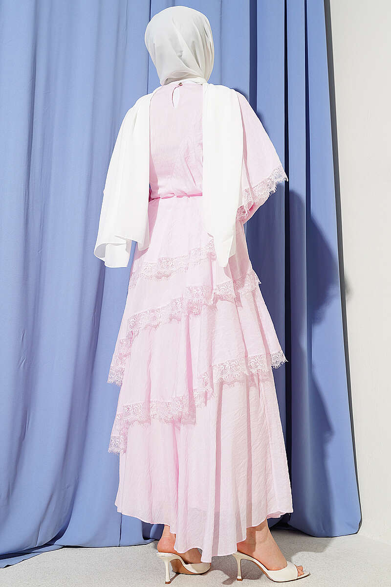 Asymmetric Tiered Lace Dress - Pink