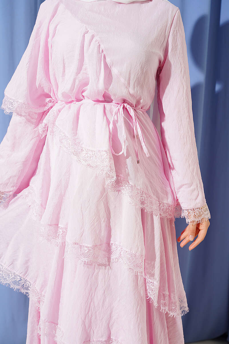 Asymmetric Tiered Lace Dress - Pink