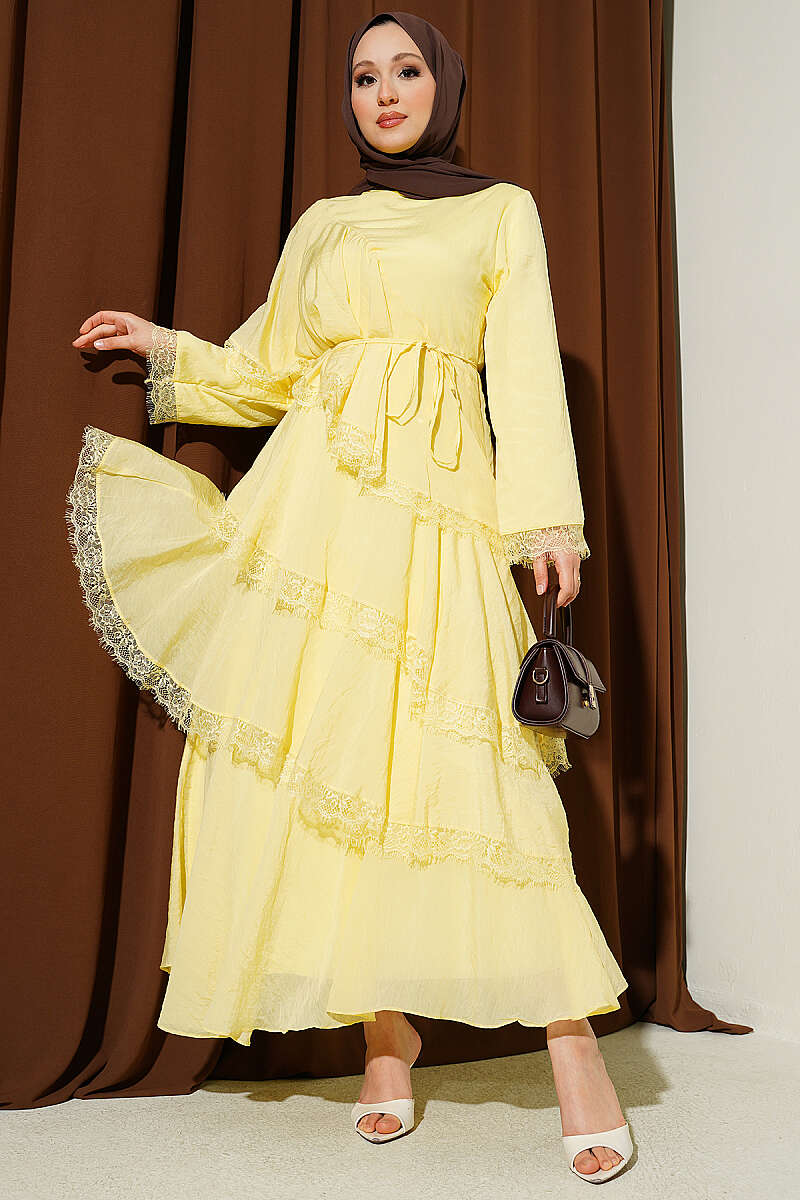 Asymmetric Tiered Lace Dress - Yellow