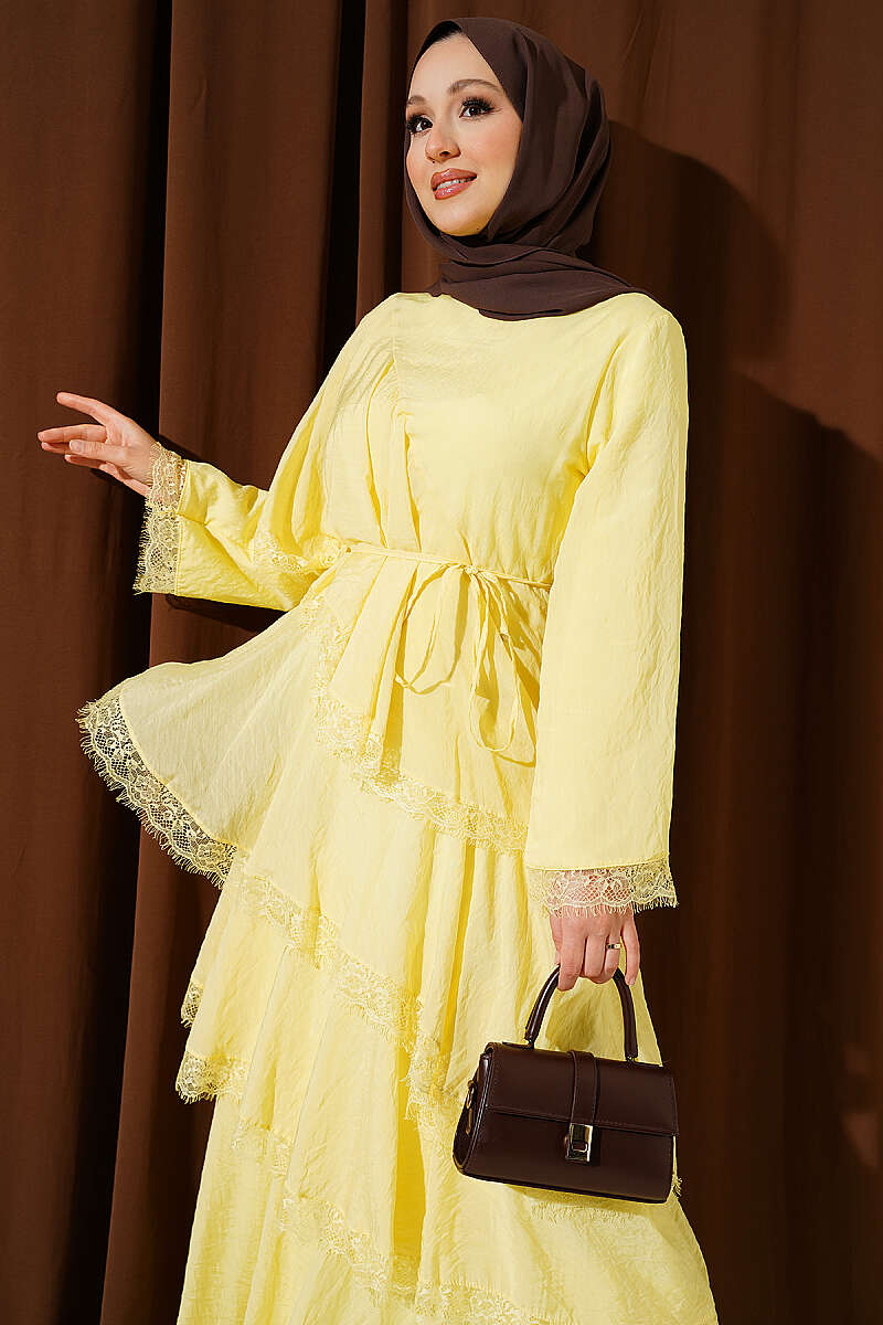 Asymmetric Tiered Lace Dress - Yellow