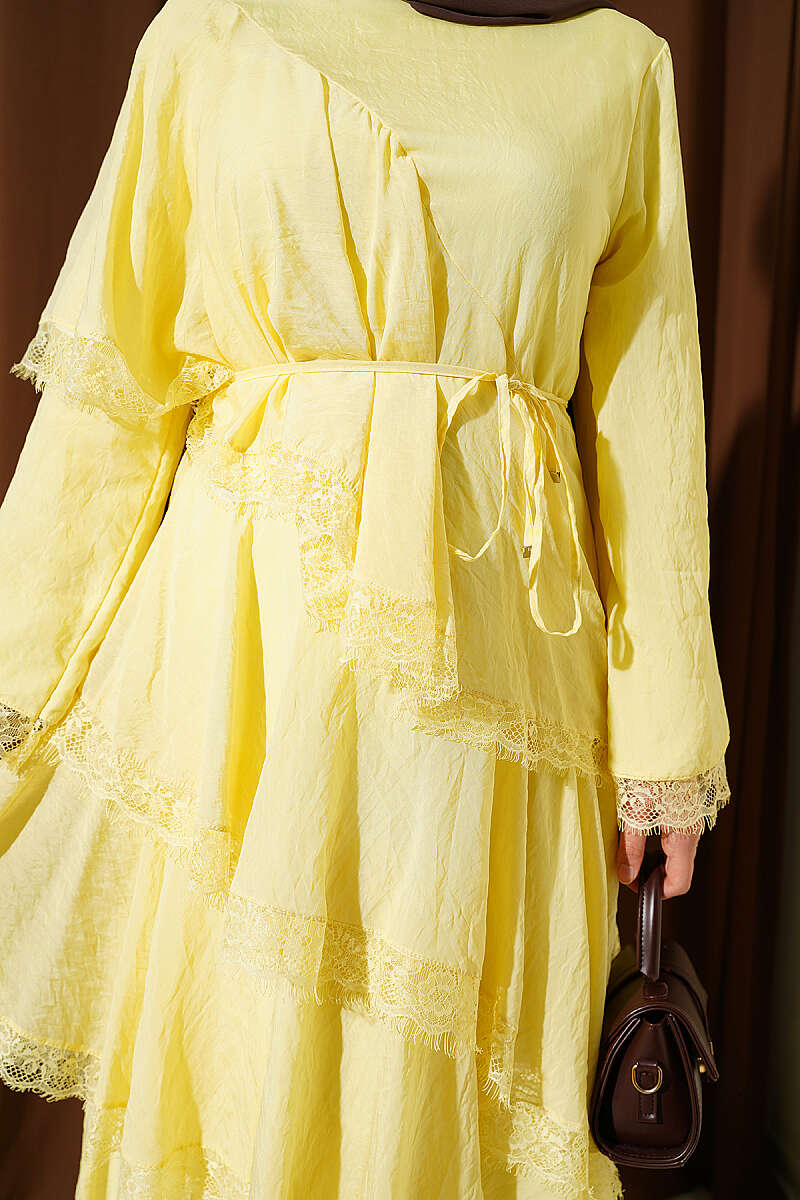Asymmetric Tiered Lace Dress - Yellow