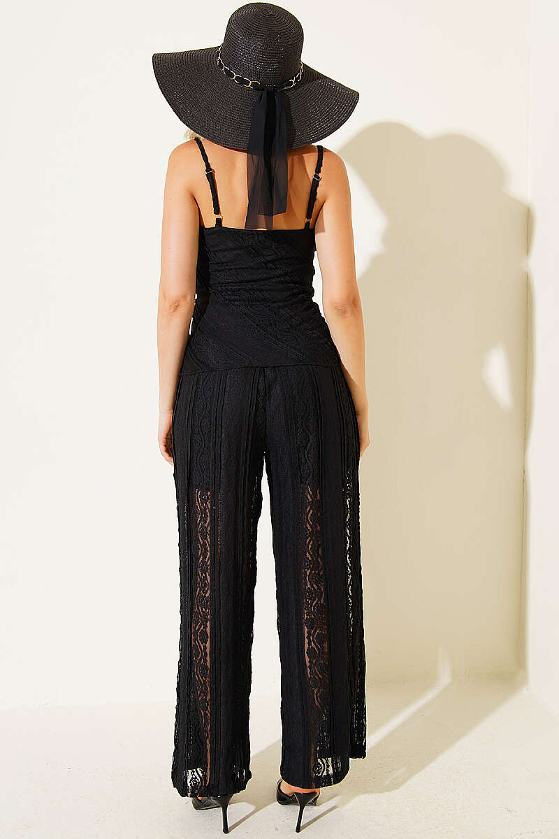 Strappy V-Neck Lace Two-Piece Set - Black