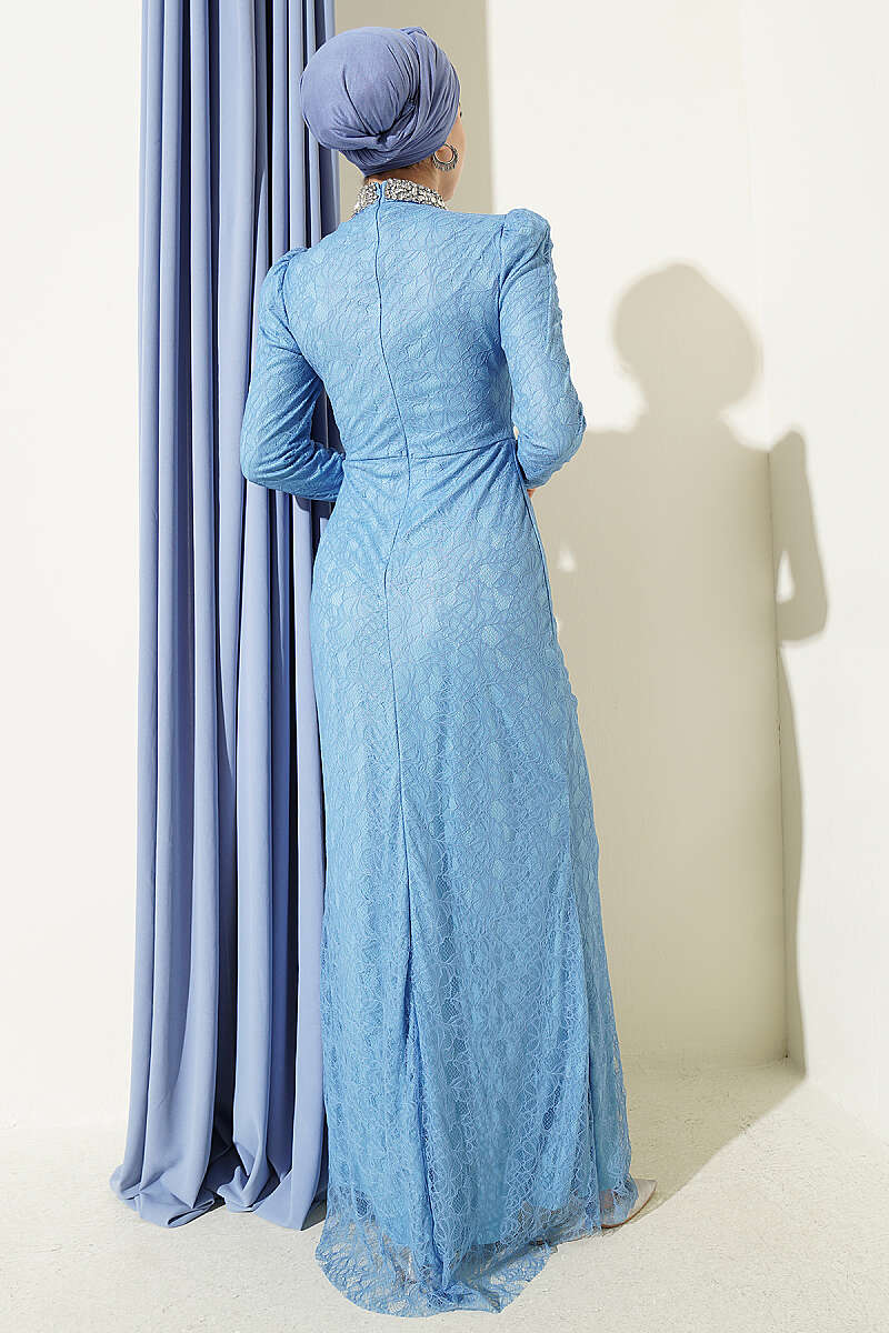 Ruched Lace Evening Dress with Stones - Light Blue