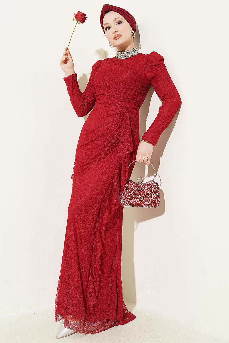 Ruched Lace Evening Dress with Stones - Burgundy