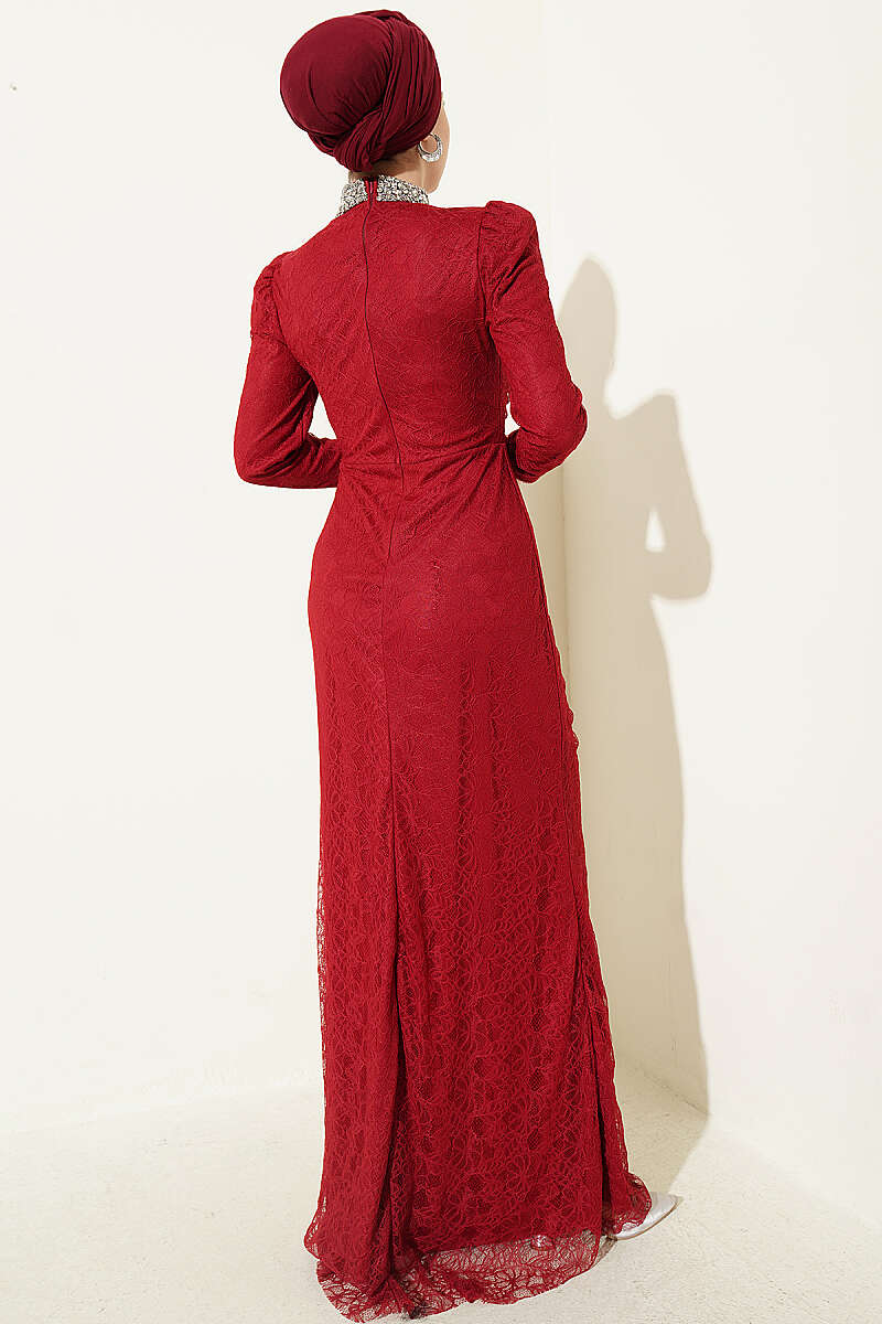 Ruched Lace Evening Dress with Stones - Burgundy